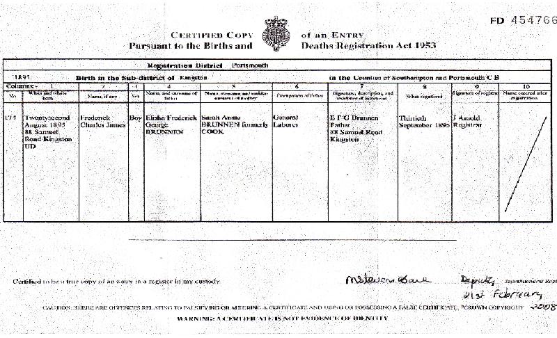 Brunnen (Frederick Charles James) 1895 Birth Certificate